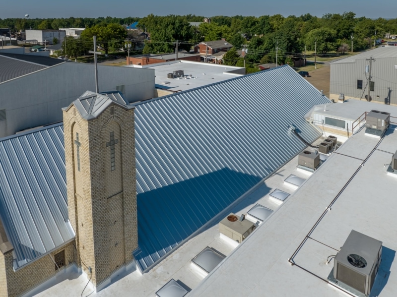 Marlow First Baptist Close-up view of metal roof and skylights