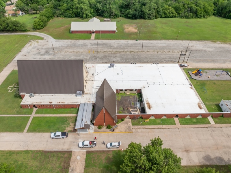 Blackwell First Christian Church Roof Replacement, Custom Single-Length Standing Seam, Commercial Guttering, Flat Roof TPO, Tapered Insulation