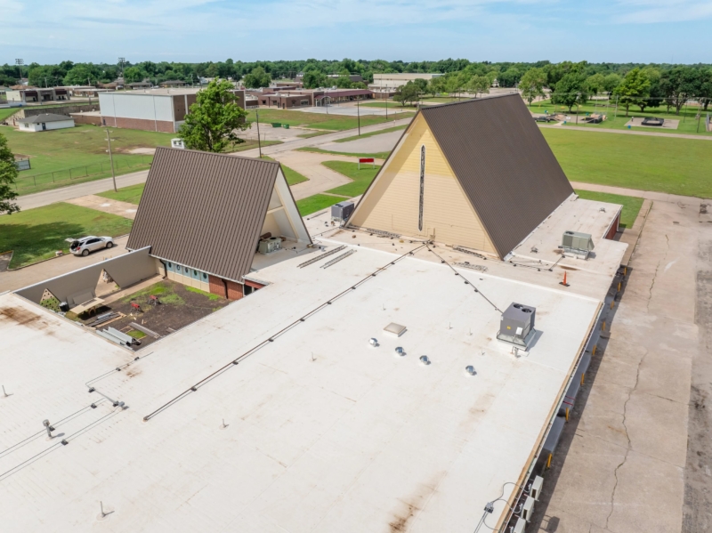 Blackwell First Christian Church Roof Replacement, Custom Single-Length Standing Seam, Commercial Guttering, Flat Roof TPO, Tapered Insulation