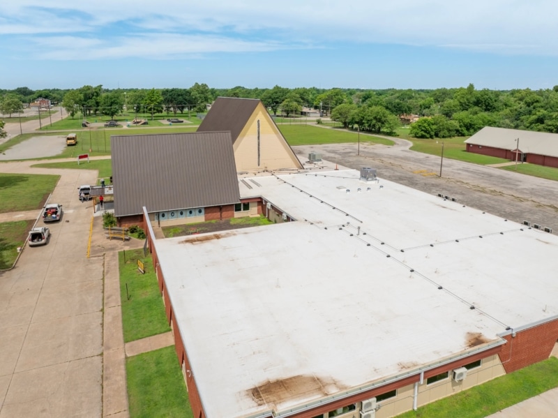 Blackwell First Christian Church Roof Replacement, Custom Single-Length Standing Seam, Commercial Guttering, Flat Roof TPO, Tapered Insulation