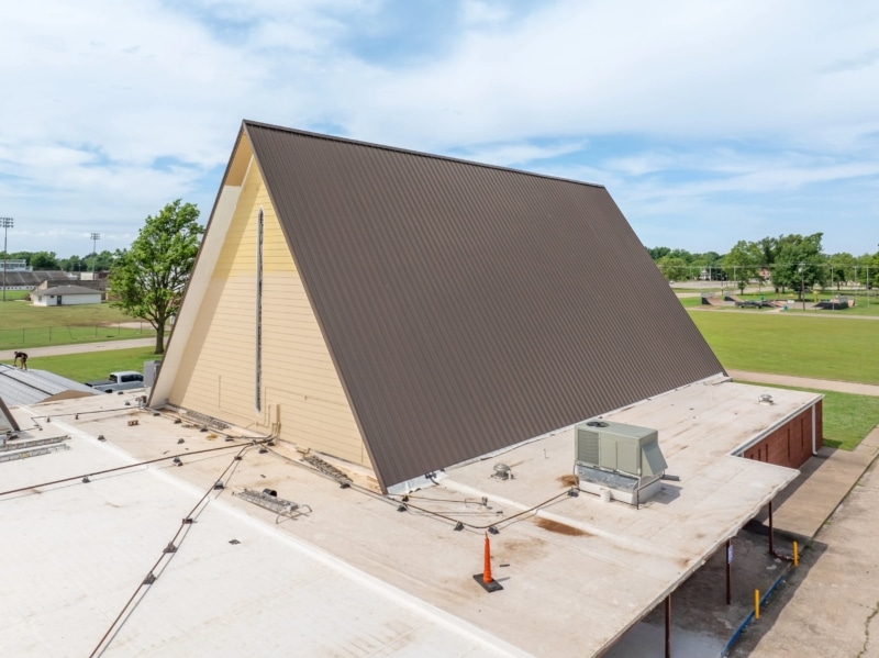 Blackwell First Christian Church Roof Replacement, Custom Single-Length Standing Seam, Commercial Guttering, Flat Roof TPO, Tapered Insulation