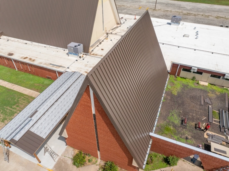 Blackwell First Christian Church Roof Replacement, Custom Single-Length Standing Seam, Commercial Guttering, Flat Roof TPO, Tapered Insulation