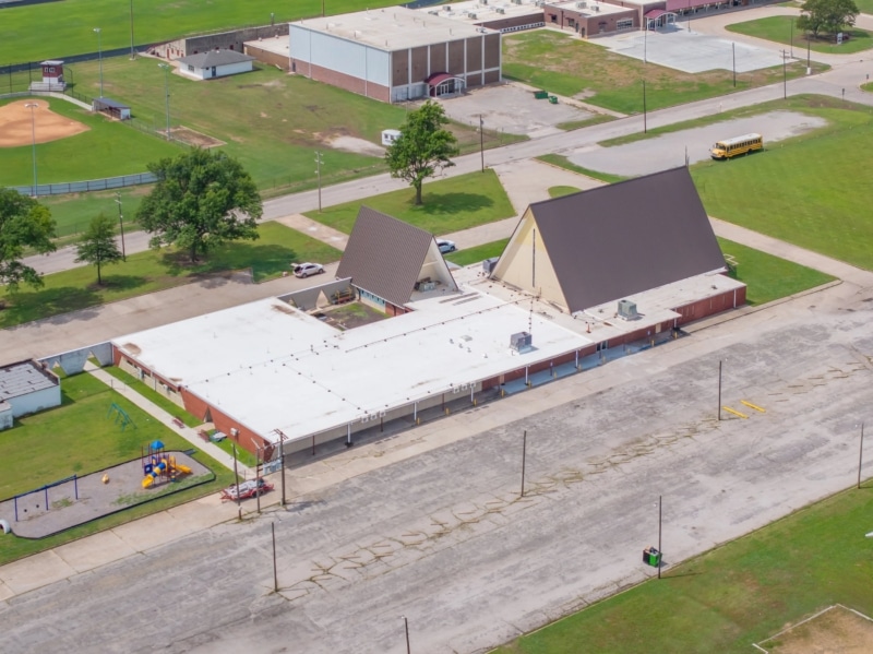 Blackwell First Christian Church Roof Replacement, Custom Single-Length Standing Seam, Commercial Guttering, Flat Roof TPO, Tapered Insulation