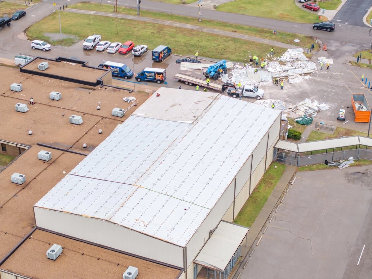 Newcastle Elementary tornado roof damage.