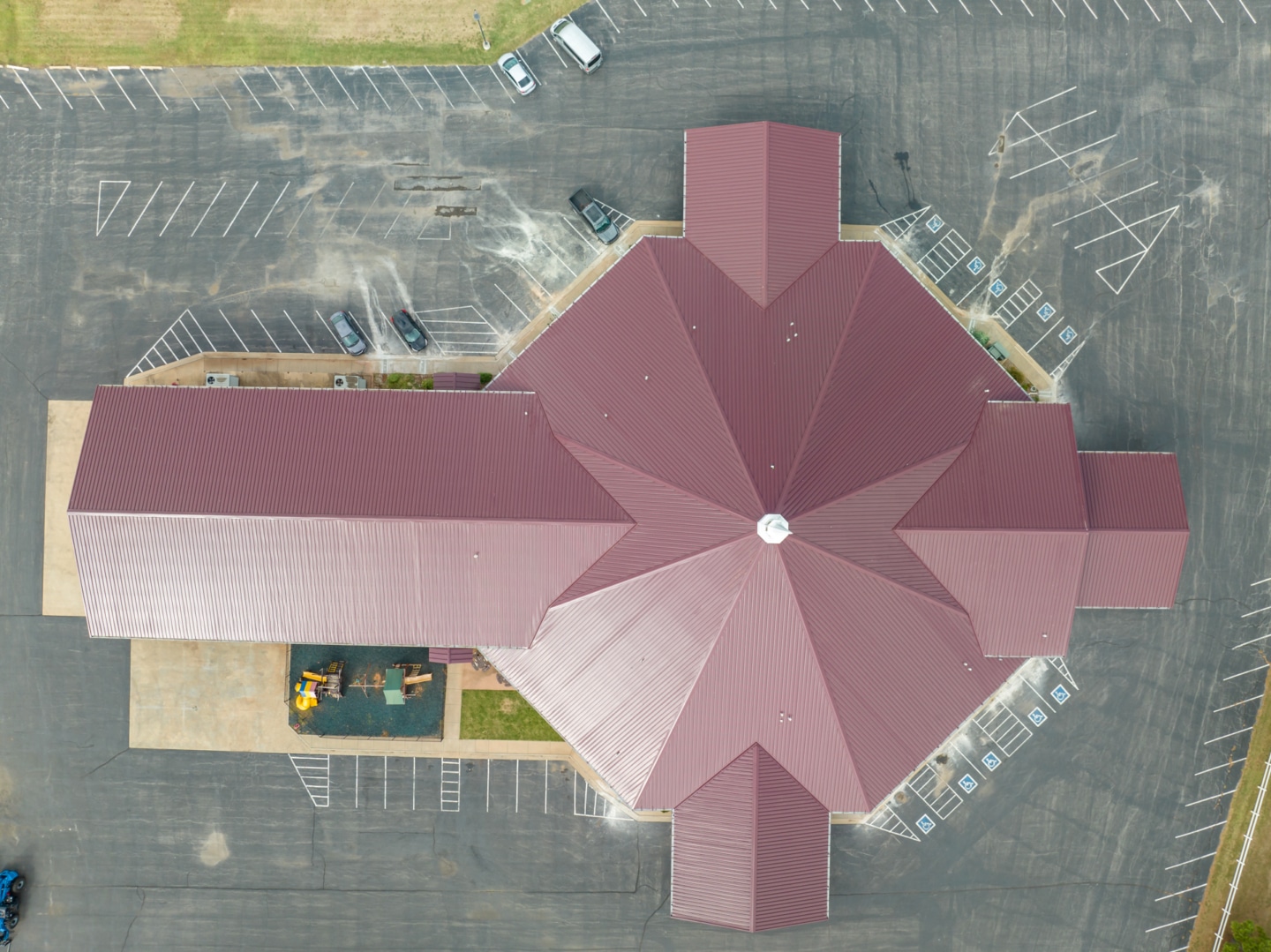 default Aerial view of metal roof on Chickasha Bible Baptist Church