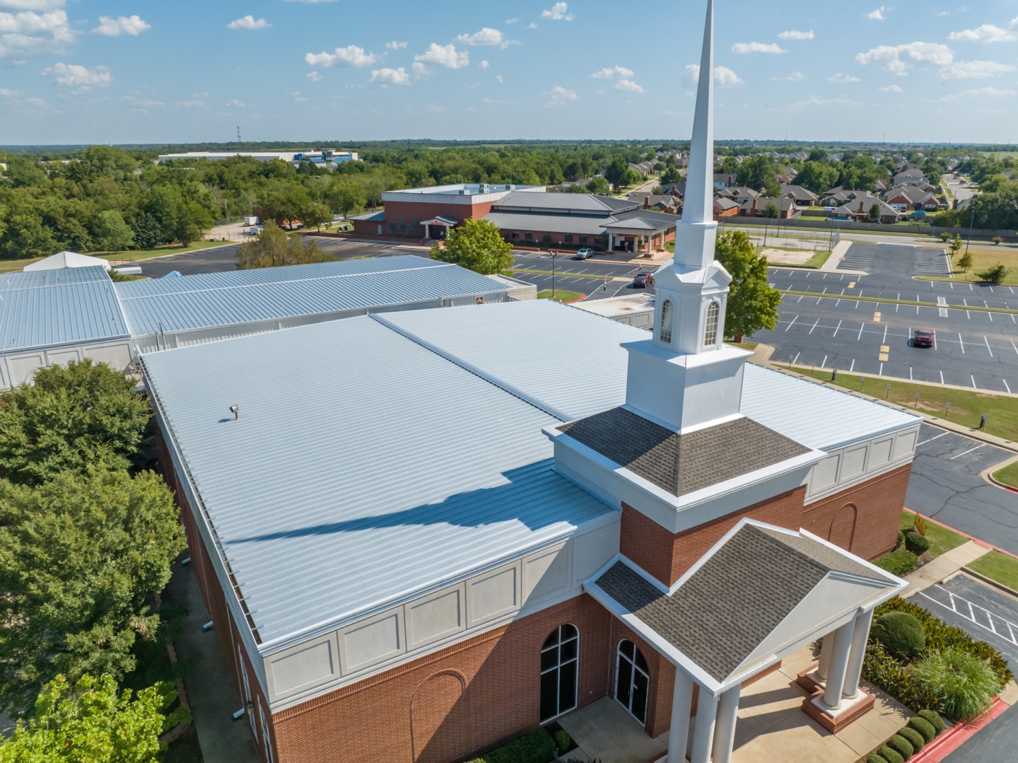 CrossPointe Church steeple and metal roof