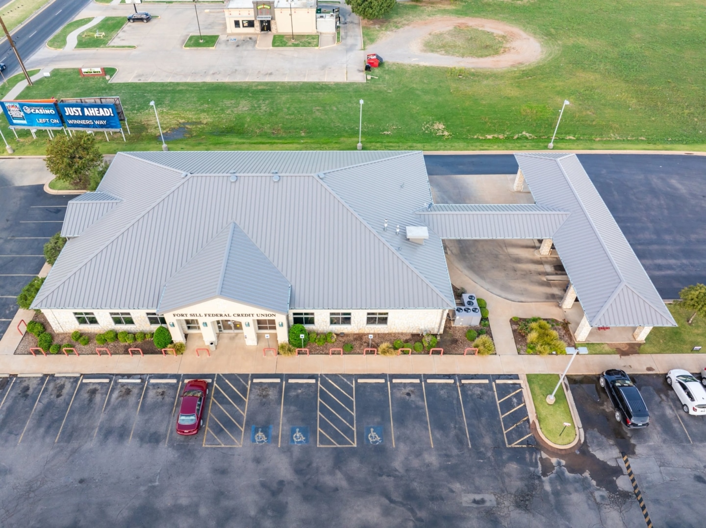 Lawton Fort Sill CU Gore 2b drone AFTER - DJI_0203_0029 - Large Aerial view of metal roof on Lawton Fort Sill Credit Union Gore Blvd.