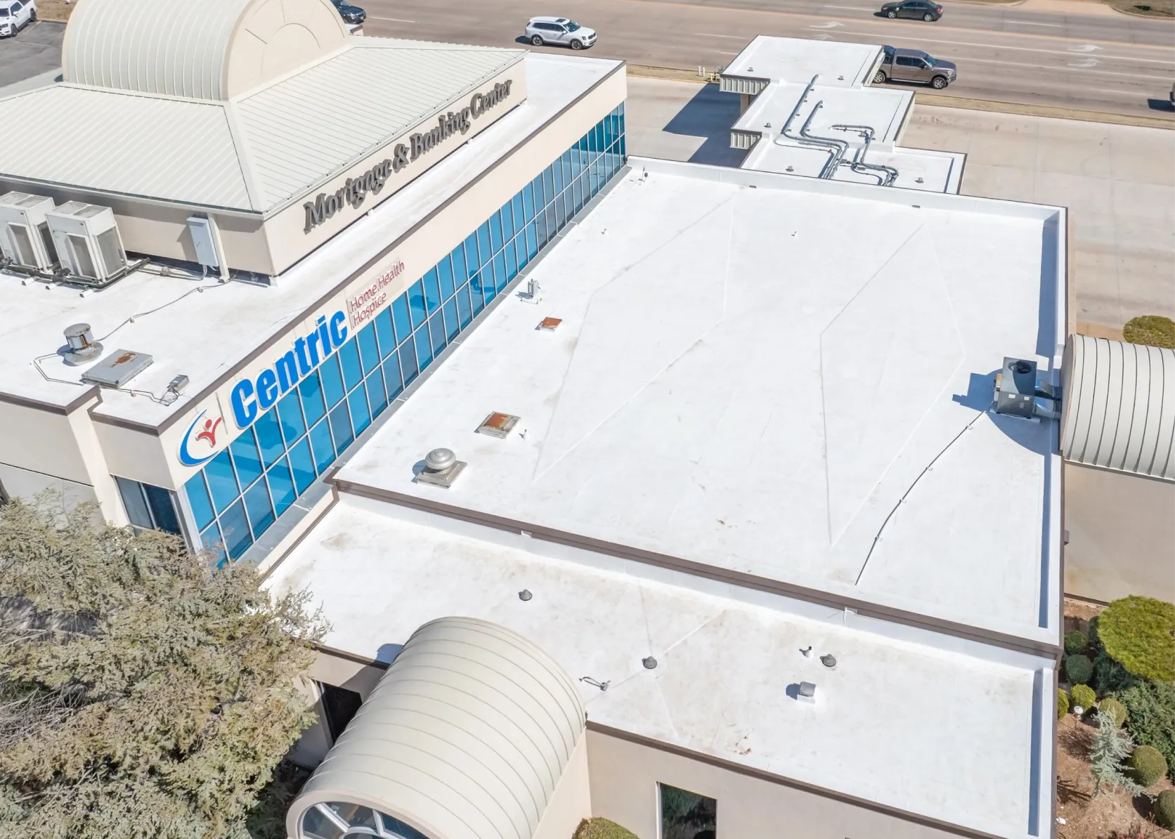 Completed TPO roofing installation for flat roof commercial property