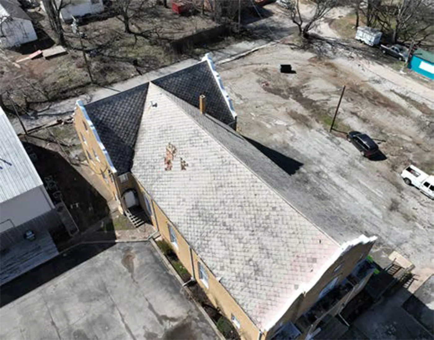 Tornado damage to the roof of a church