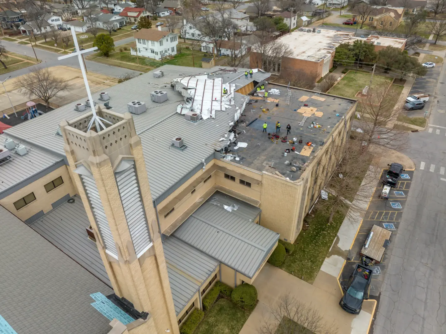 Tornado damage to a church roof