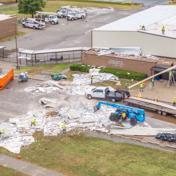 Tornado damage to the roof of a school
