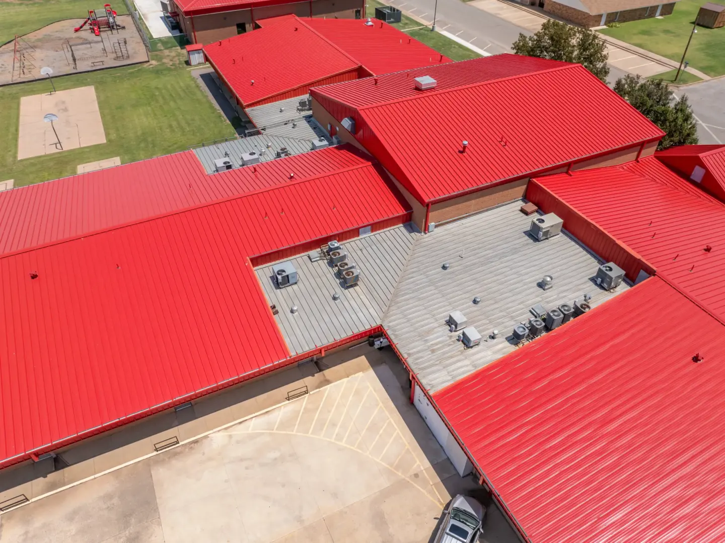 Completed standing seam metal on a school roof